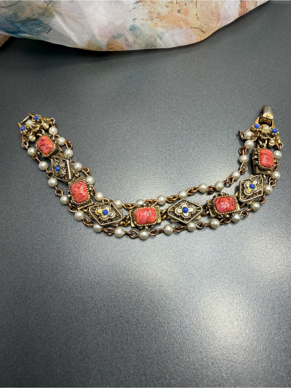Vintage Art Glass Red Bracelet with Blue Accents Chain Style #462BR